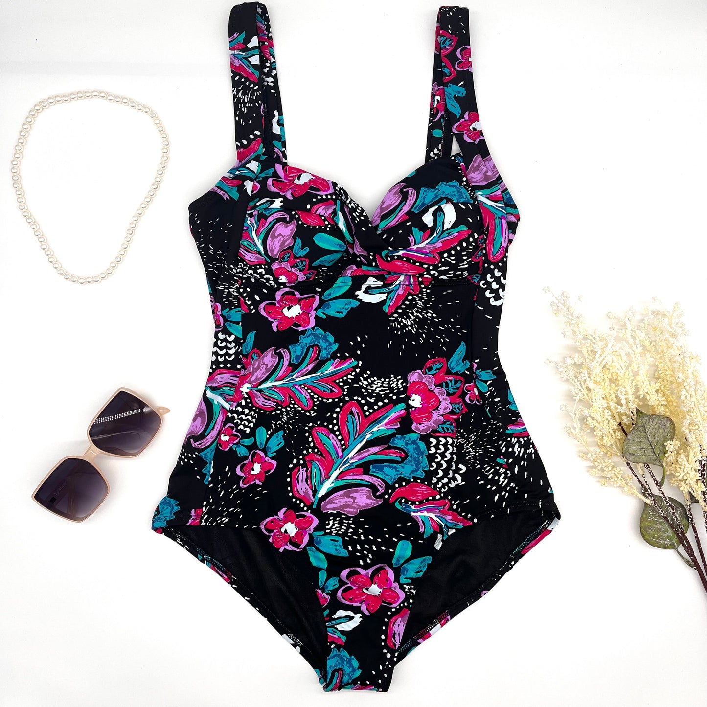 Bikini morado con flores rosas completo
