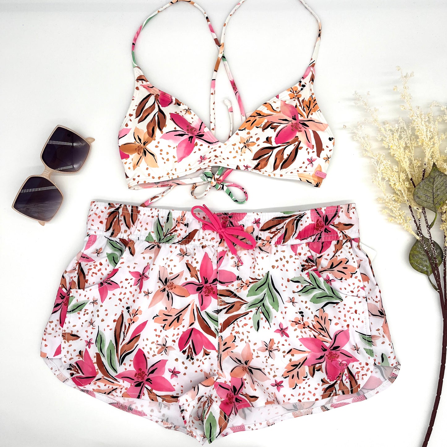 Roxy flor rosa short dos piezas