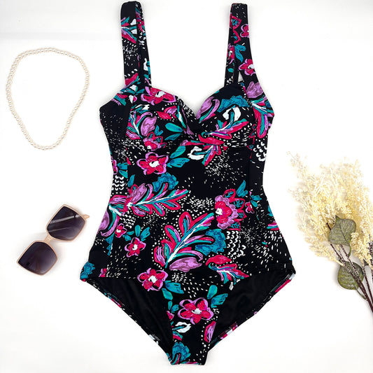 Bikini morado con flores rosas completo